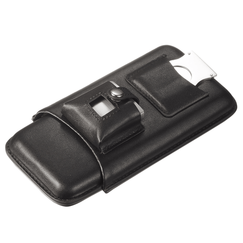 Renly Black Leather 3 Cigar Case with Lighter and Cutter