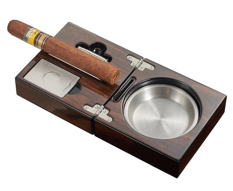 Tamal Polished Walnut Travel Cigar Ashtray Kit with Cutter & Punch