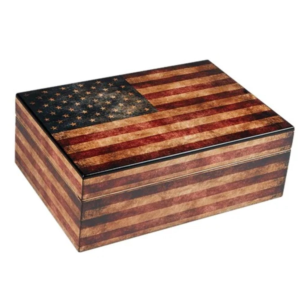 Old Glory American Flag Antique Humidor 100 Cigar Count