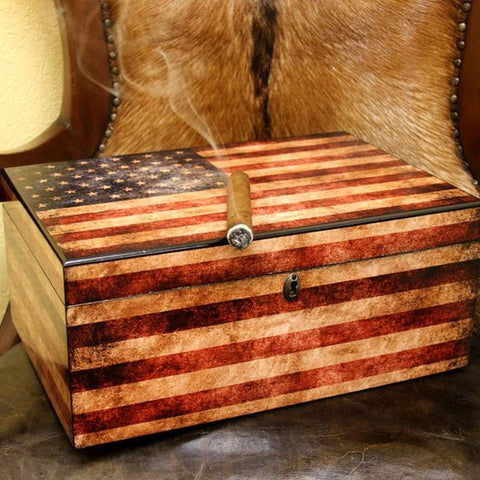 Image of Old Glory American Flag Antique Humidor 100 Cigar Count - Shades of Havana