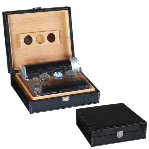 Image of The Alligator Black Leather Humidor 25 Cigar Count | Gift Set - Shades of Havana