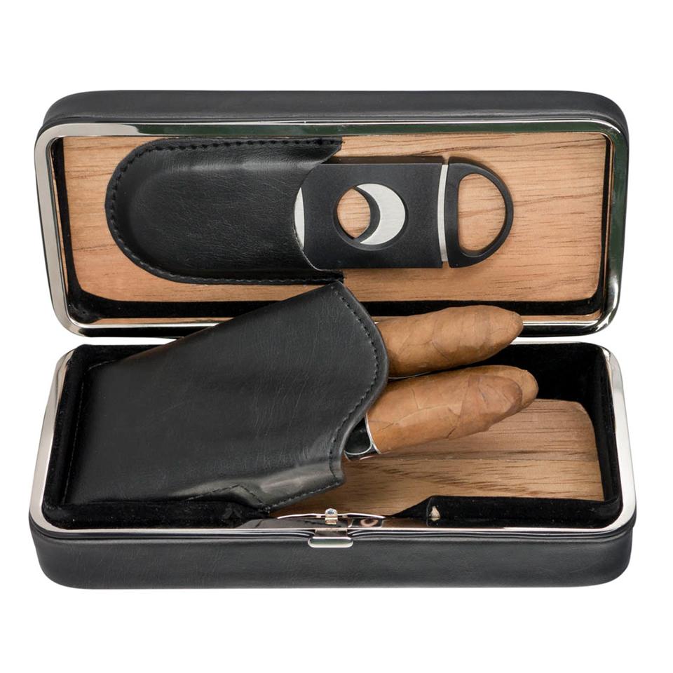 Executive 3 Cigar Case Black Leather with Cutter - Shades of Havana