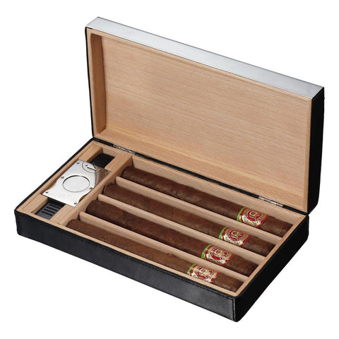 Image of Mapleton Black Leather Travel Humidor 4 Cigar Count - Shades of Havana