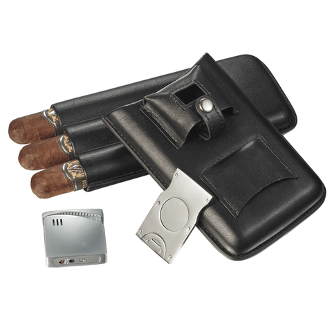 Renly Black Leather 3 Cigar Case with Lighter and Cutter - Shades of Havana