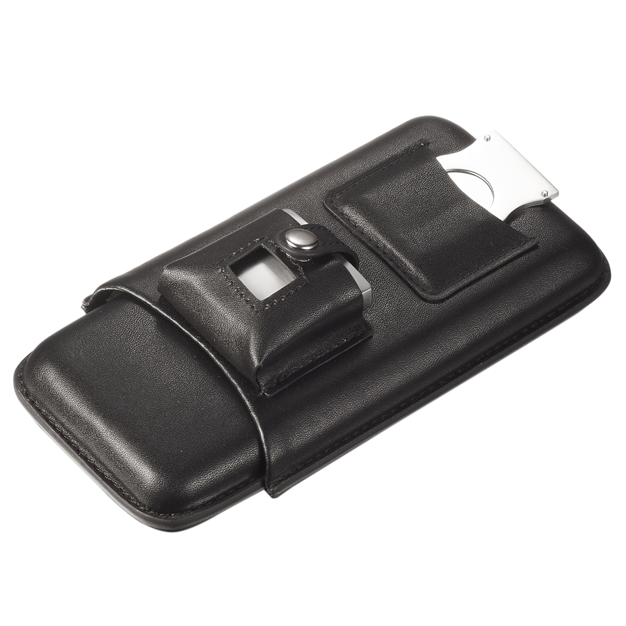 Renly Black Leather 3 Cigar Case with Lighter and Cutter - Shades of Havana