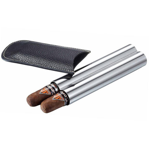 Image of Double Trouble 2 Cigar Case | Black Leather & Stainless Steel - Shades of Havana