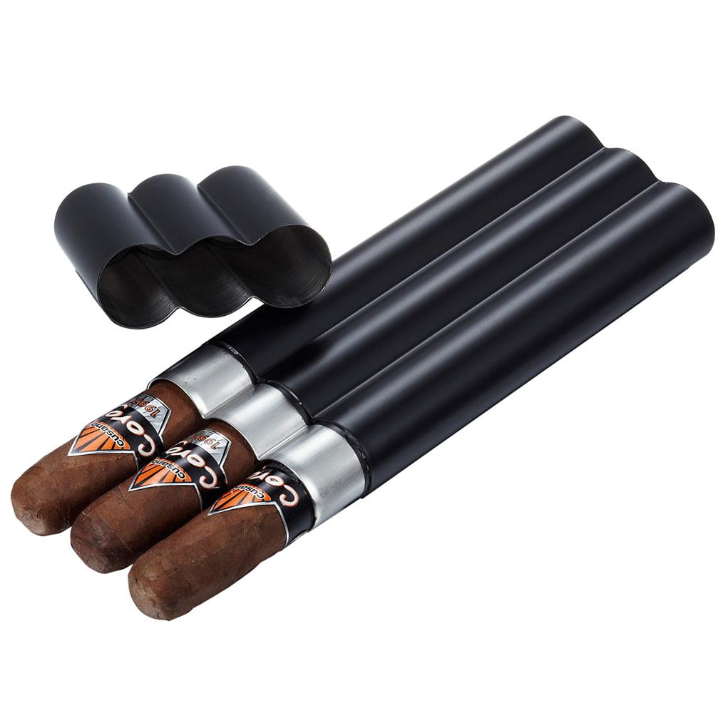 Trilogy Stainless Steel 3 Cigar Case | Matte Black - Shades of Havana
